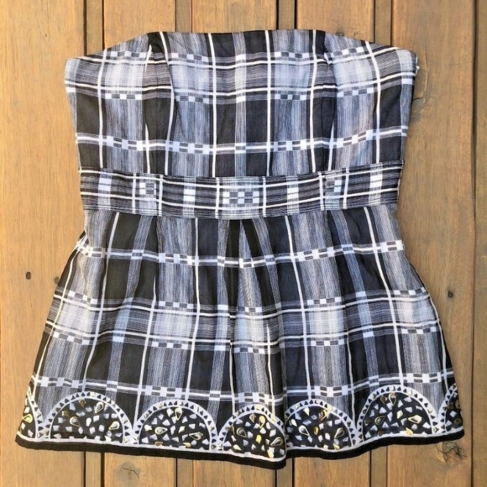 WHBM Embellished Bustier Corset Top B&W Plaid Gold